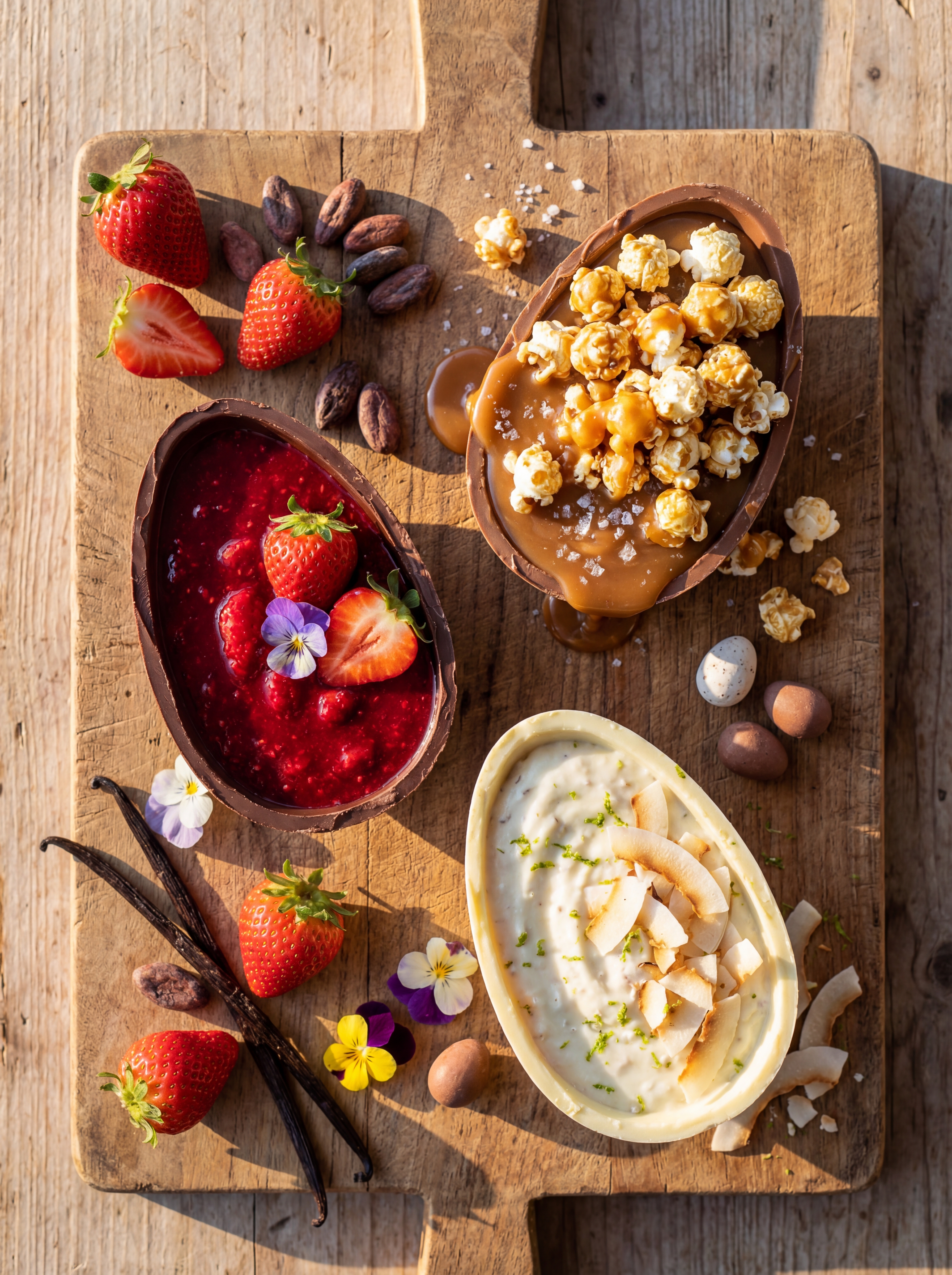 Mesa com variedade de ovos gourmet: Pannacotta, Corn Caramel e Cremoso de Coco