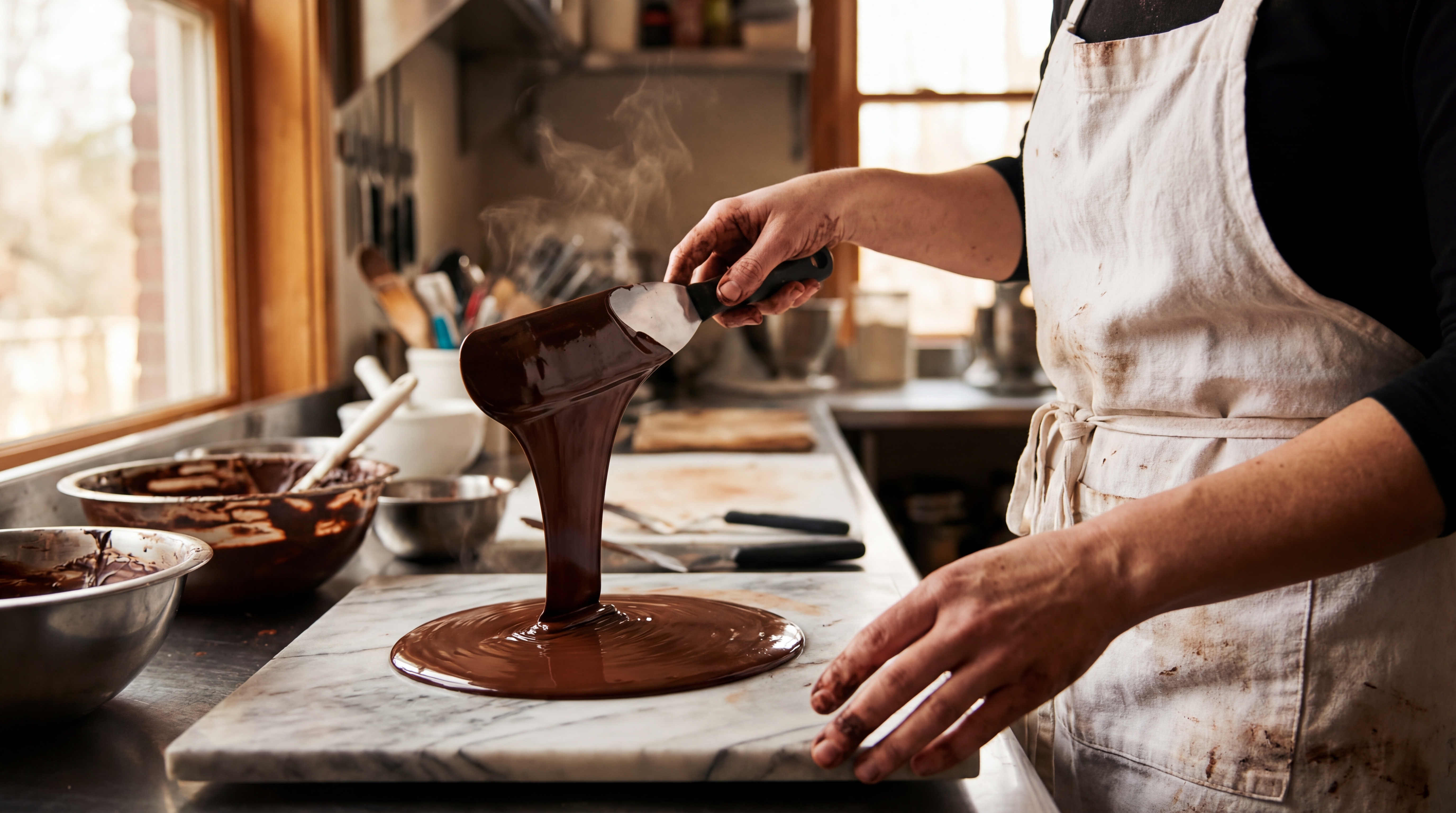 Temperagem do chocolate no mármore