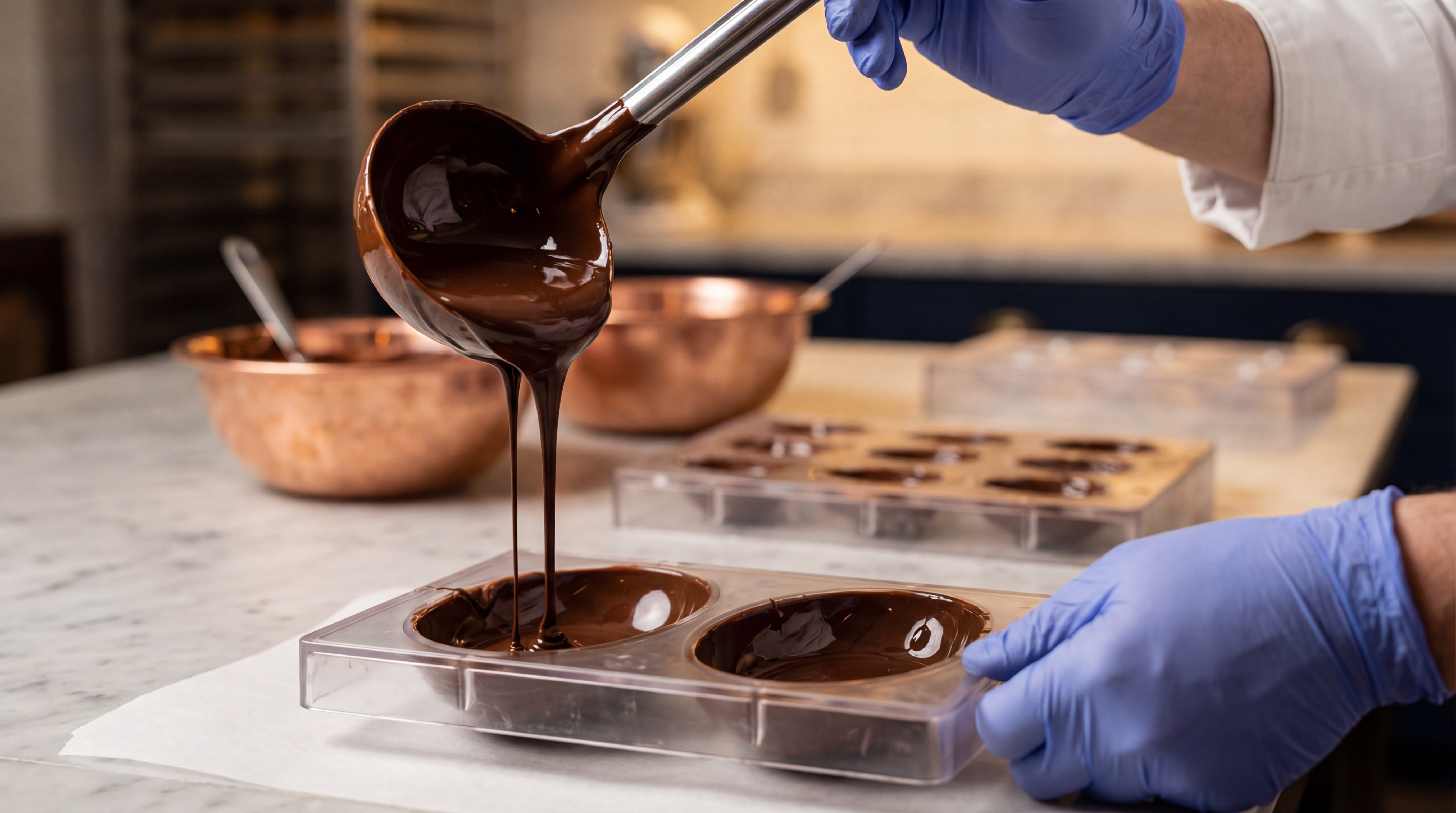 Preenchendo formas de ovos com chocolate